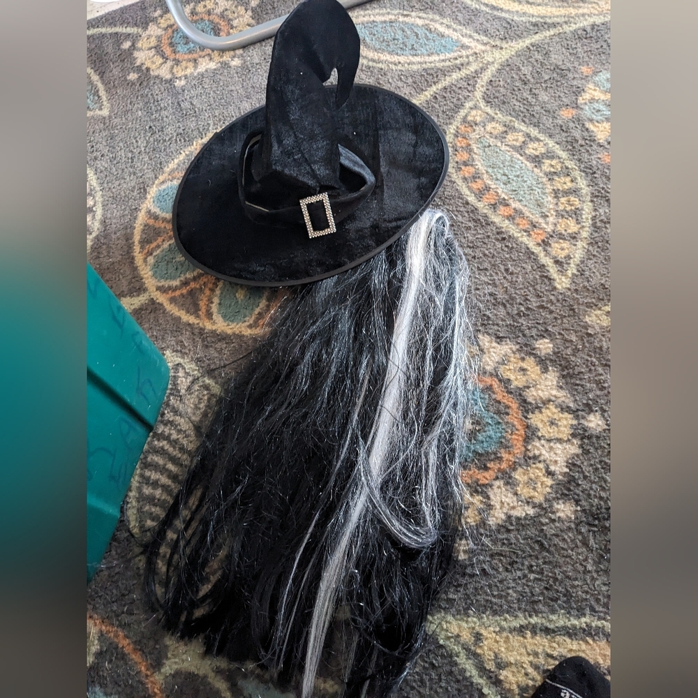 Black Witch Hat with Silver Buckle and Hair